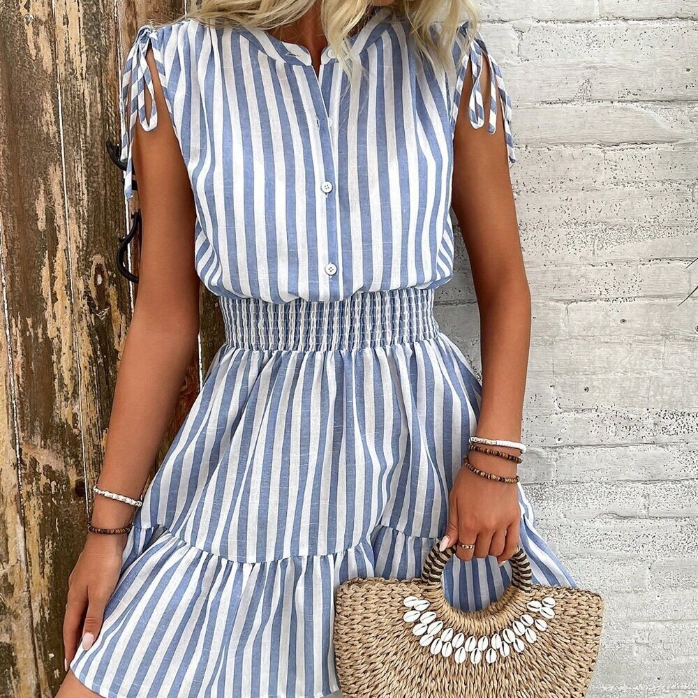 Blue & White Casual Women's Summer Striped Cotton Dress With Shoulder Pleats - Picture 6 of 7